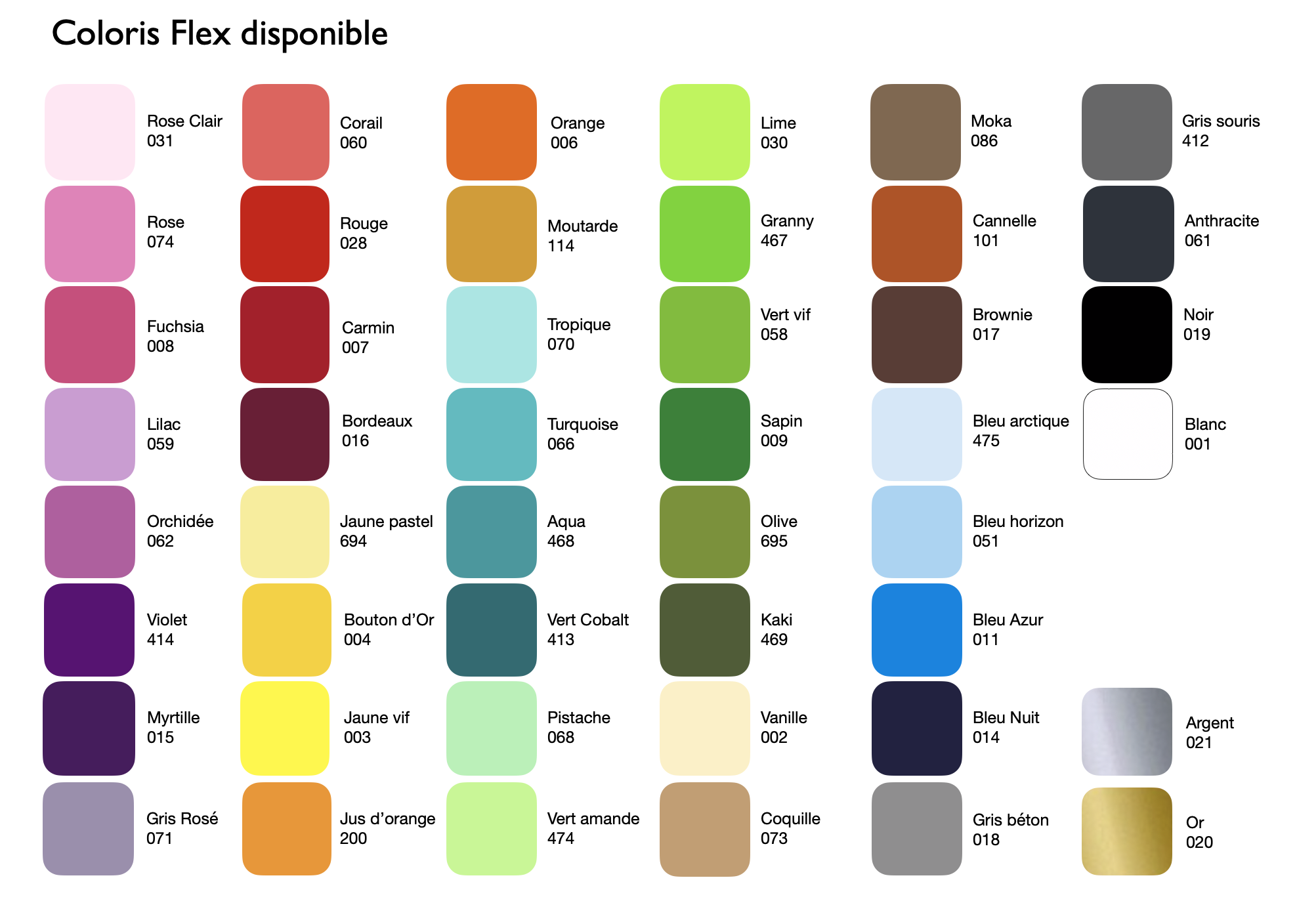 Palette de coloris de Flex thermocollant pour la personnalisation