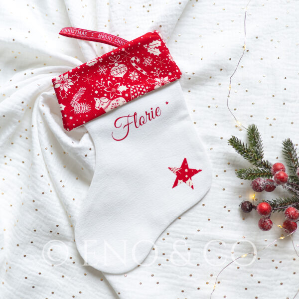 Chaussette de Noël Blanche et revers rouge imprimé scandinave