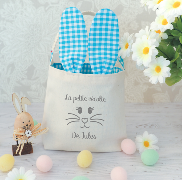 Panier de Pâques style lapin vichy bleu vif et personnalisation grise