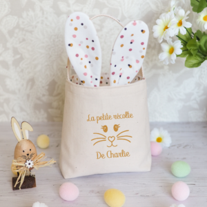 Panier de pâques lapin motifs confettis roses et moutardes