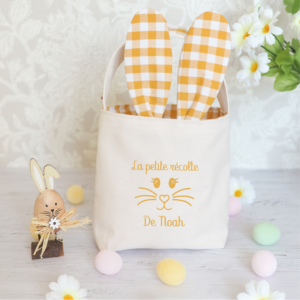 Panier de pâques lapin motifs vichy moutarde et blanc