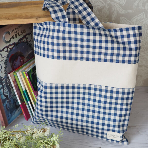 Sac bibliothèque personnalisable Vichy rétro Bleu